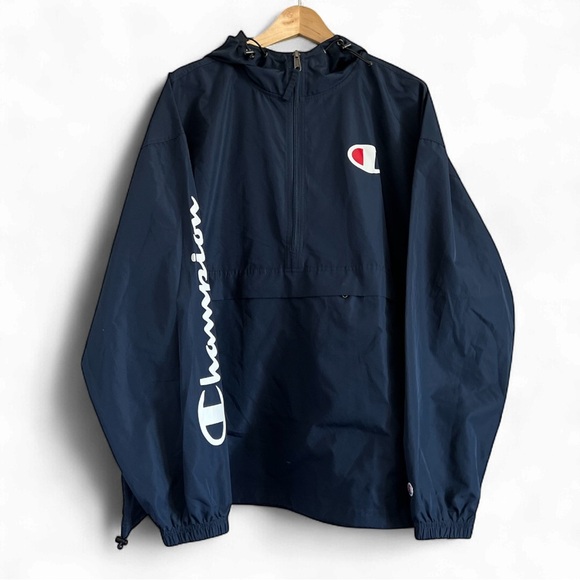 Champion Dark Blue Hooded Pull Over Windbreaker Front Pocket Jacket - Picture 1 of 2